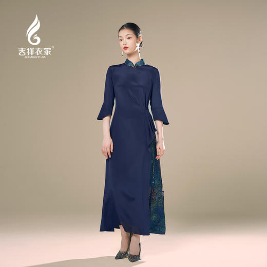 吉祥衣家新中式国风蚕桑丝裙子气质修身女装凤袅袅连衣裙 商品图0