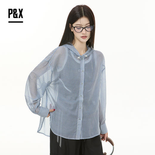 P&X设计师女装2025秋季衬衫格子宽松连帽衬衣 825205079A 蓝格 商品图1