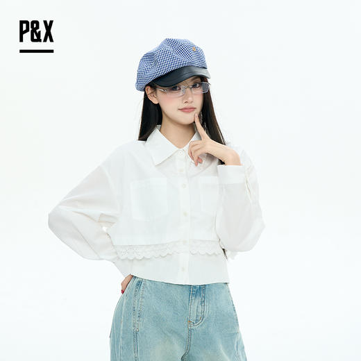 P&X设计师女装2025秋季长袖休闲常规梭织短款衬衫825305264 白色 商品图3