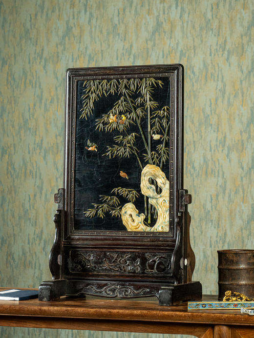 清	红木镶漆地百宝嵌竹石图插屏 商品图0