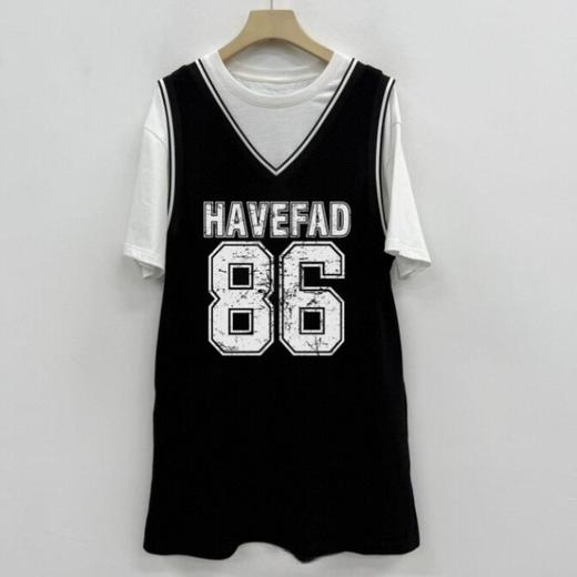 NCV领假两件胸前数字龟裂工艺球衣风T恤裙（黑）A夏季152150270321 商品图1