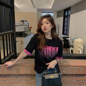 N圆领撞色袖子图案短袖T恤（黑）夏季152020050321