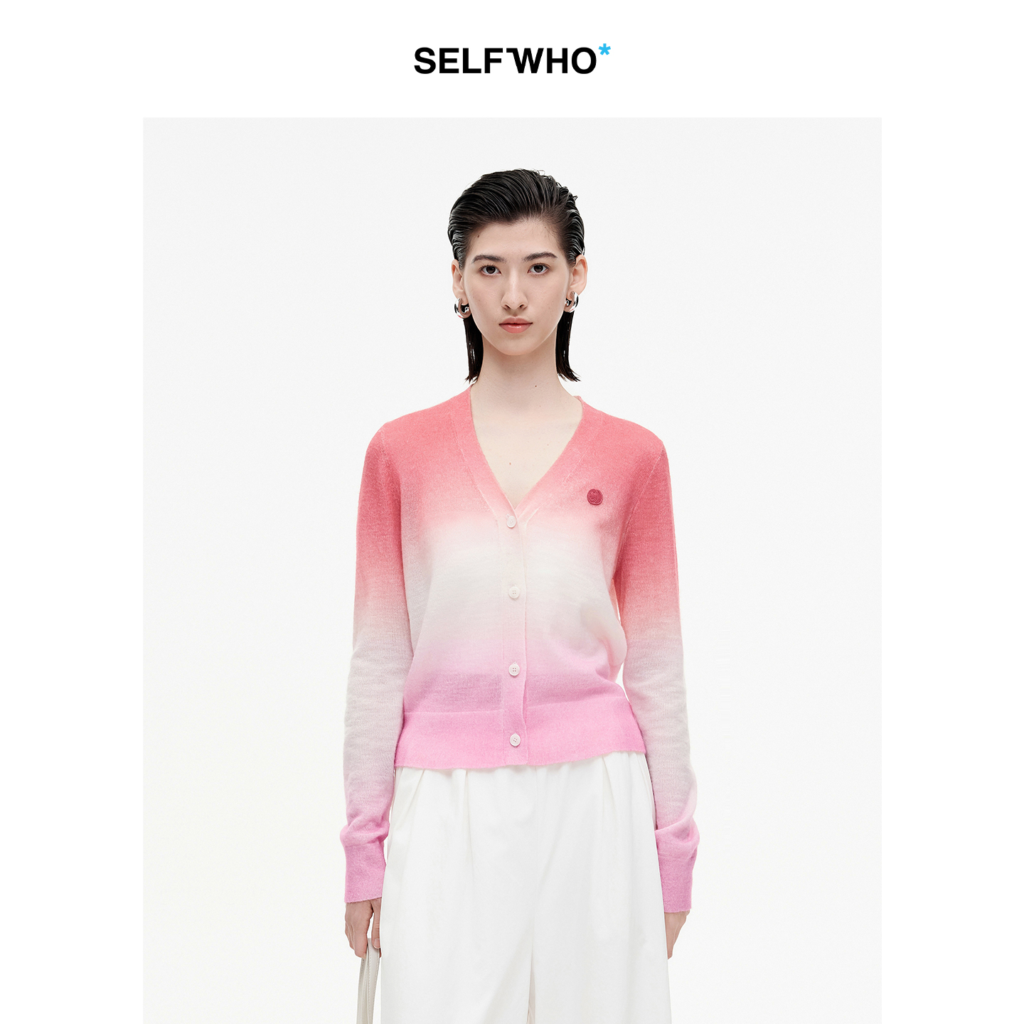 SELFWHO笑脸衣橱羊毛马海毛渐变撞色针织衫女2025秋新款V领短开衫