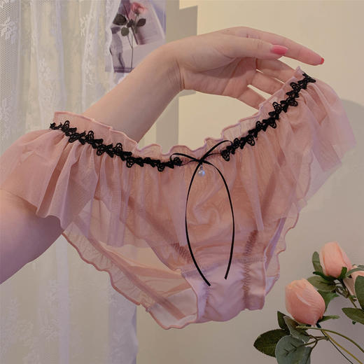 【纯欲少女❗蕾丝网纱小内内】超仙清透褶皱网纱面料，柔软又细腻，网纱裙摆加蝴蝶结小珍珠，甜美减龄，女士性感内裤女纯欲舒适亲肤薄款内裤QQ 商品图0