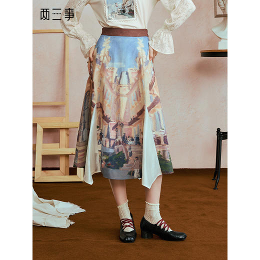 两三事 旧巷夕阳 2025秋季新款法式印花拼布不规则高腰半身裙 商品图0