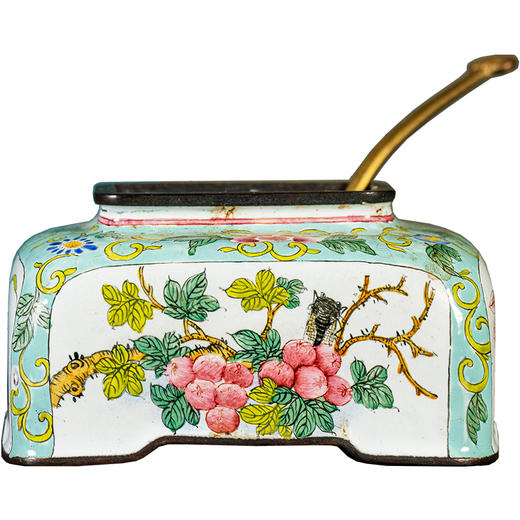 清	铜胎画珐琅花鸟纹方形水盂含勺 商品图5