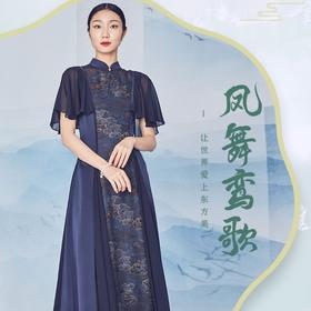 吉祥衣家新中式国风春夏新款气质显瘦修身女装凤舞鸾歌真丝连衣裙