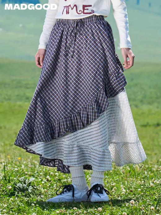 马得工地/MDGDBQ13595/不规则下摆木耳边格纹拼接半裙 商品图0