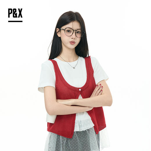 P&X设计师女装2025秋季T恤叠穿两件套短款上衣825315177 白/红 商品图2