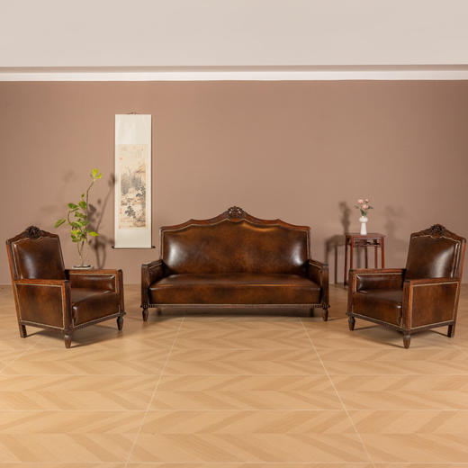民国	红木海派皮面软包沙发成套（一套三件） 商品图0