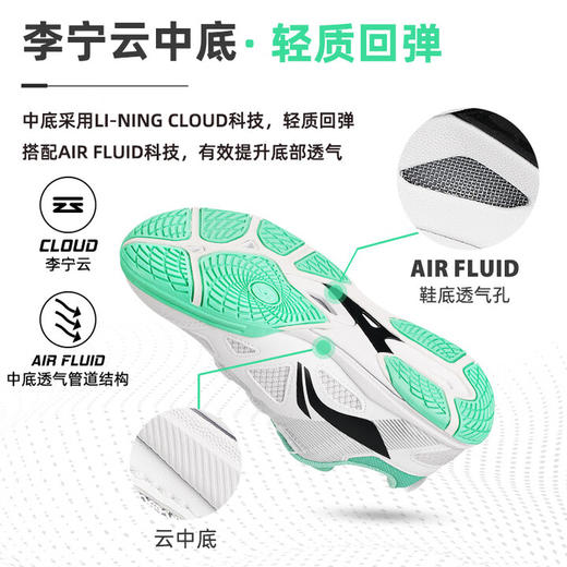 李宁乒乓球鞋男女夏季新款国家队王楚钦同款防滑鞋耐磨透气吸汗比赛鞋APPV017-2白黑/珠翠绿 商品图4