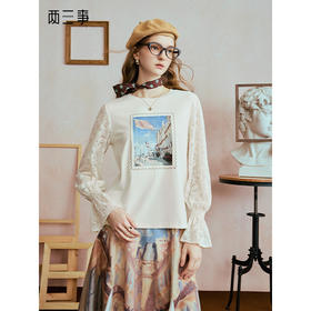 两三事 物我澄明 2025秋季新款甜美蕾丝拼接袖印花刺绣t恤女