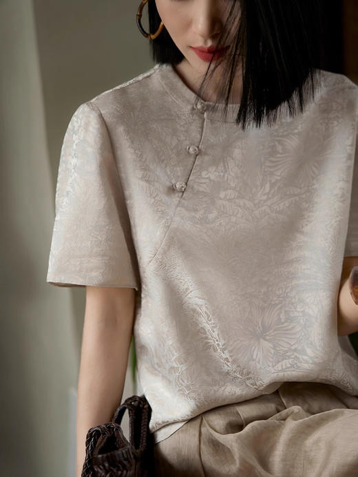 【百图lulu定制】【雾海听松上衣】新中式 新中式 提花 斜襟 盘扣 短袖上衣 商品图7