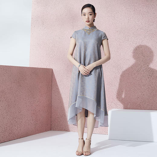 吉祥衣家新中式国风夏款桑蚕丝高端气质修身显瘦女装朝夕连衣裙 商品图0