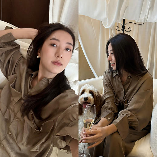 HIDEMI 进口满分醋酸艺术褶皱感立体口袋廓形衬衫阔腿裤橄榄绿套装 商品图1