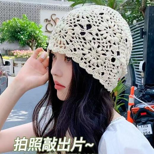 【拍照敲出片❗镂空手工毛线帽】甜美LOOK「范围感足足的」简约不单调，复古手工勾花风格，修饰脸型显脸小，怎么带都好看❗日系手工花朵编织包头帽，复古文艺透气堆堆帽L 商品图4