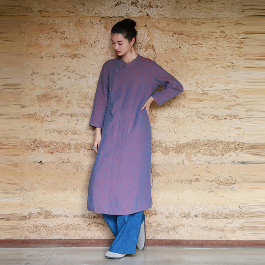绽放516朵/色织亚麻立领斜襟盘扣正常肩七分袖新中式女连衣裙秋季 商品图1
