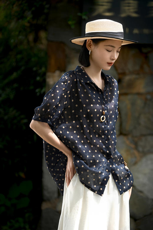 苎麻桑蚕丝波点复古短袖随身衬衫 商品图0