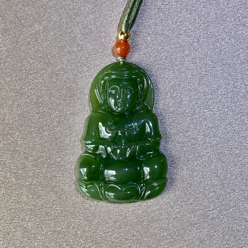 和田玉（碧玉-菠菜绿）挂件--持瓶观音/36*23*5mm/8-9g