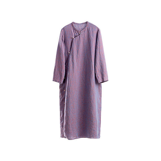 绽放516朵/色织亚麻立领斜襟盘扣正常肩七分袖新中式女连衣裙秋季 商品图4