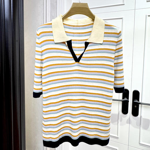 火桐hooton 莱赛尔桑蚕丝条纹撞色polo领短袖G236 商品图1