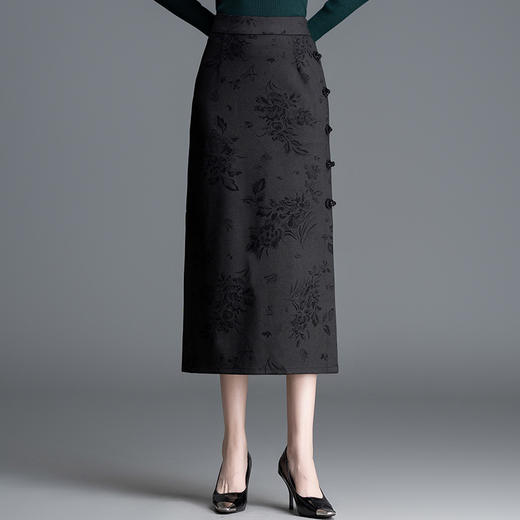 ZY-1523中式国风提花开叉半身裙复古直筒裙女裙子2025秋冬季新款包臀裙 商品图3
