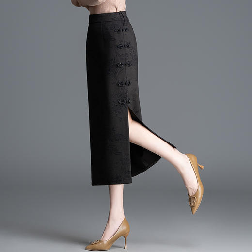 ZY-1523中式国风提花开叉半身裙复古直筒裙女裙子2025秋冬季新款包臀裙 商品图2