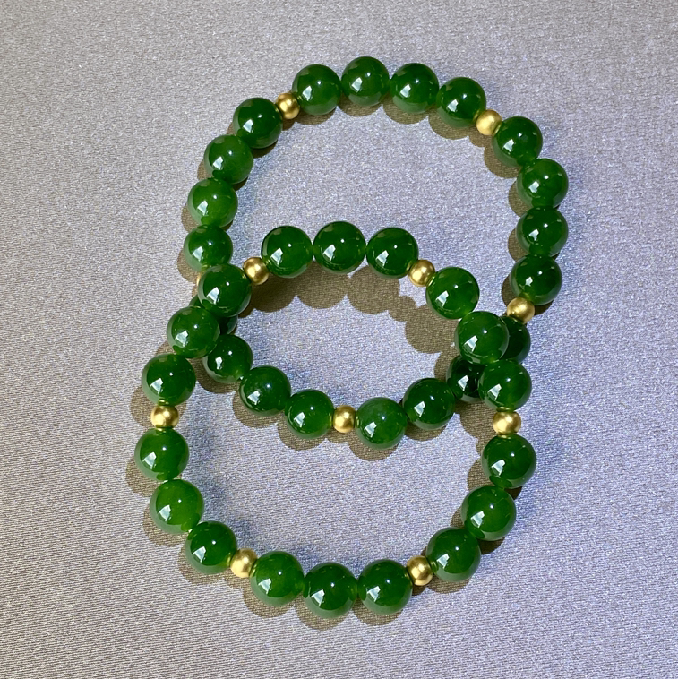 和田玉（碧玉）8mm玉珠手串/配足金隔珠