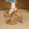 【预售5天】防水台11cm超高跟鞋女夏真皮一字扣带粗跟复古风露趾方头配裙凉鞋KPL&6224 商品缩略图0