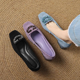 【预售5天】法式复古镂空方头单鞋新款时尚水钻羊皮粗跟紫色洞洞瓢鞋ASZ&5-697