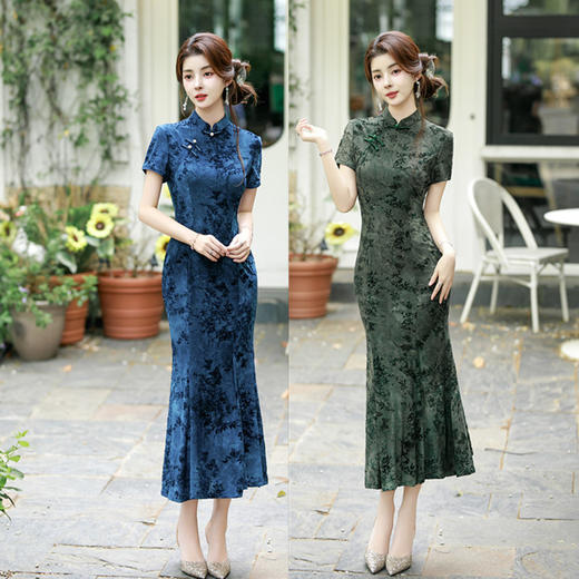 SYK22720时尚改良新中式长款鱼尾植绒旗袍2025早秋新款日常可穿旗袍裙 商品图0