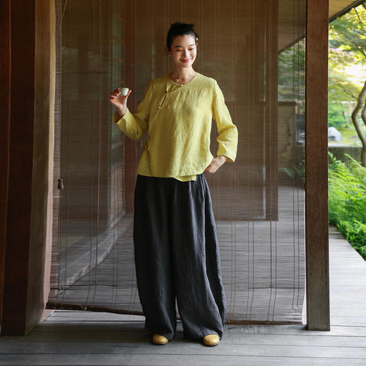 绽放女装514朵/墨染工艺亚麻新中式斜襟正常肩简约长袖衬衫女秋季 商品图2