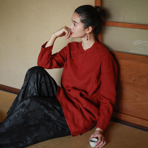 绽放旅行女装497朵/长纤色织亚麻立领新中式长袖旗袍连衣裙女秋季 商品图4