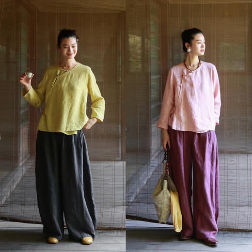 绽放517朵/早秋新款色织亚麻半腰松紧宽松弯刀阔腿裤百搭休闲裤女 商品图2