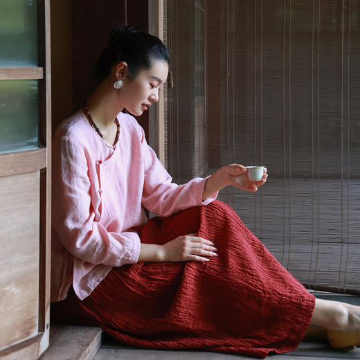 绽放女装514朵/墨染工艺亚麻新中式斜襟正常肩简约长袖衬衫女秋季 商品图1