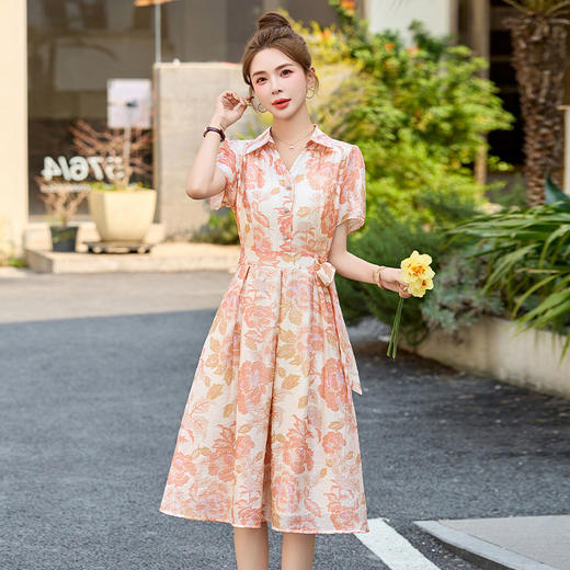 【预售3天】优雅气质收腰显瘦大花连衣裙短袖翻领韩版中长裙XXL3102 商品图0
