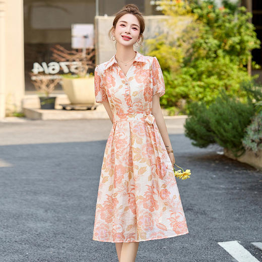 【预售3天】优雅气质收腰显瘦大花连衣裙短袖翻领韩版中长裙XXL3102 商品图3