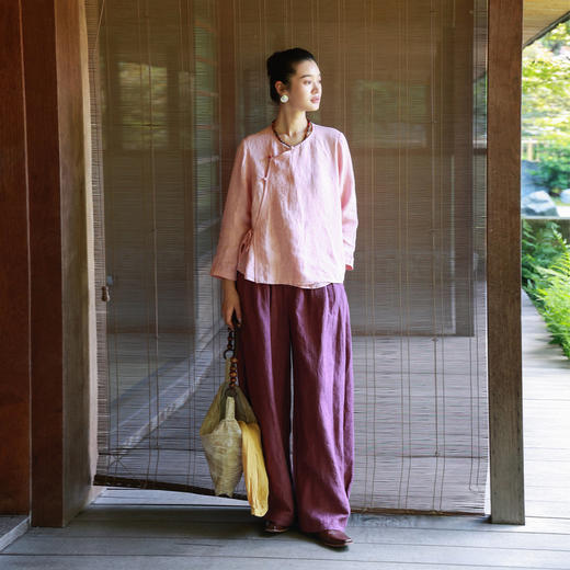 绽放女装514朵/墨染工艺亚麻新中式斜襟正常肩简约长袖衬衫女秋季 商品图4