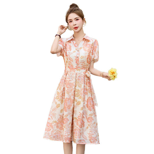 【预售3天】优雅气质收腰显瘦大花连衣裙短袖翻领韩版中长裙XXL3102 商品图4