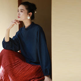 绽放女装495朵/天丝麻提花撞色小盘扣长袖梭织T恤立领打底衫女秋