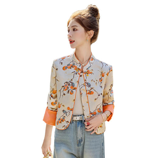 【预售3天】新中式国风提花短外套秋新款复古盘扣撞色拼接小个子上衣 SYY2720 商品图4