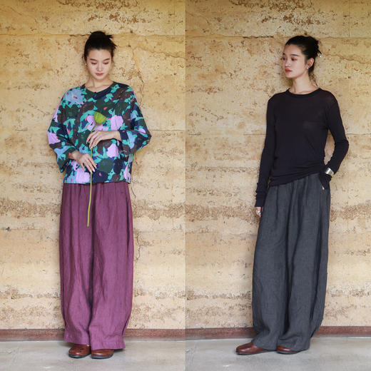绽放517朵/早秋新款色织亚麻半腰松紧宽松弯刀阔腿裤百搭休闲裤女 商品图3
