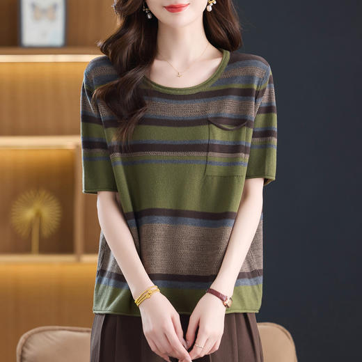 CC5-6520中袖T恤条纹半袖小衫女2025早秋新款时尚洋气妈妈圆领针织衫上衣 商品图1