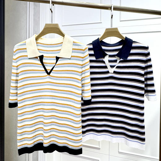 火桐hooton 莱赛尔桑蚕丝条纹撞色polo领短袖G236 商品图0