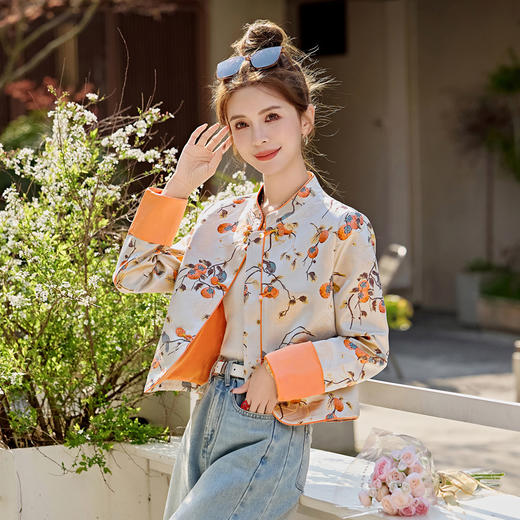 【预售3天】新中式国风提花短外套秋新款复古盘扣撞色拼接小个子上衣 SYY2720 商品图2