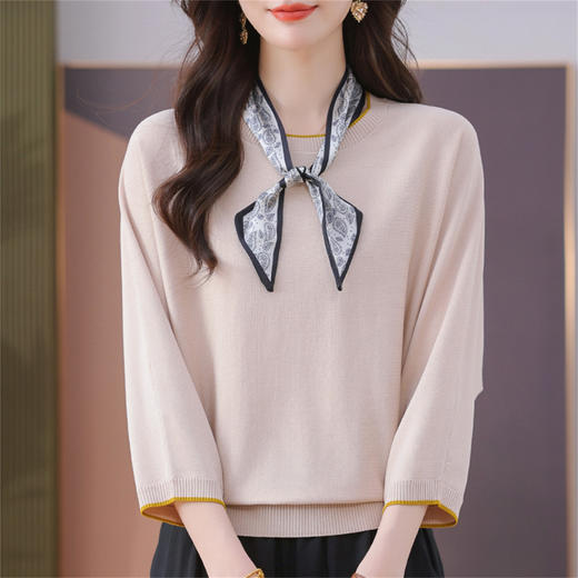 CC37-3012初秋女2025新款上衣大码漂亮飘带针织打底衫中袖宽松时尚洋气上衣 商品图3