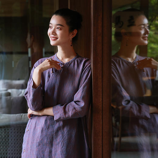 绽放516朵/色织亚麻立领斜襟盘扣正常肩七分袖新中式女连衣裙秋季 商品图2