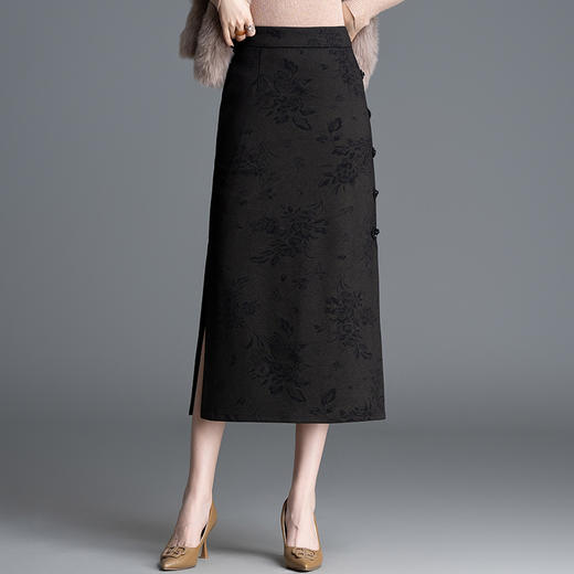 ZY-1523中式国风提花开叉半身裙复古直筒裙女裙子2025秋冬季新款包臀裙 商品图1