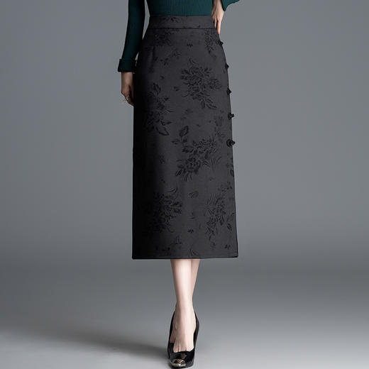 ZY-1523中式国风提花开叉半身裙复古直筒裙女裙子2025秋冬季新款包臀裙 商品图0