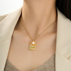 油画风金框向日葵项链复古优雅淡水珍珠花朵颈链新款项饰P02904